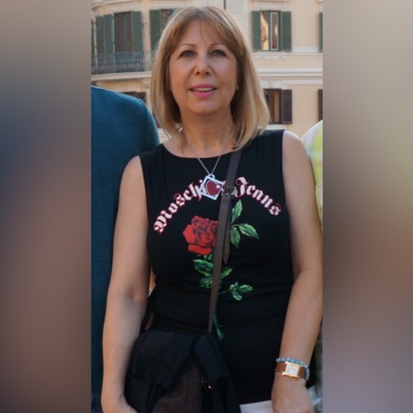 VINTAGE Moschino Black FRINGE Top with Red Rose - Picture 3 of 16